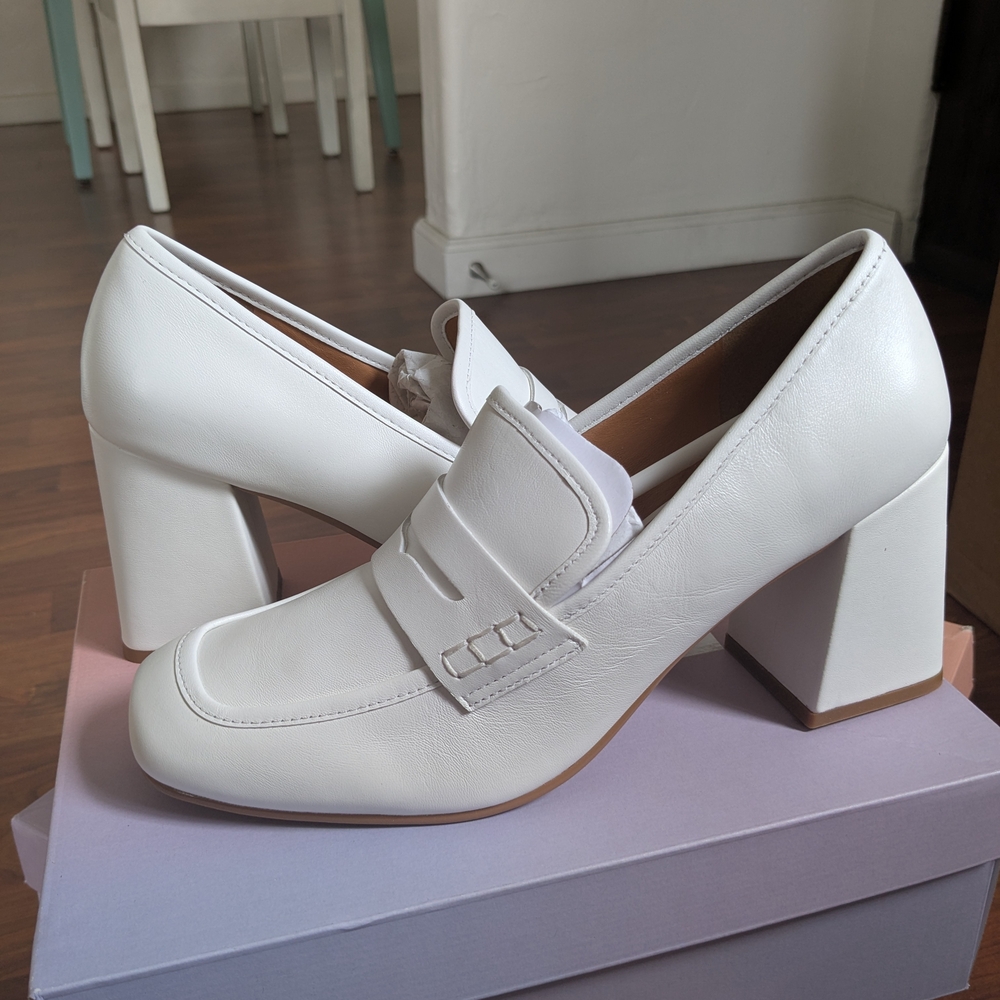 White Block Heel Loafers